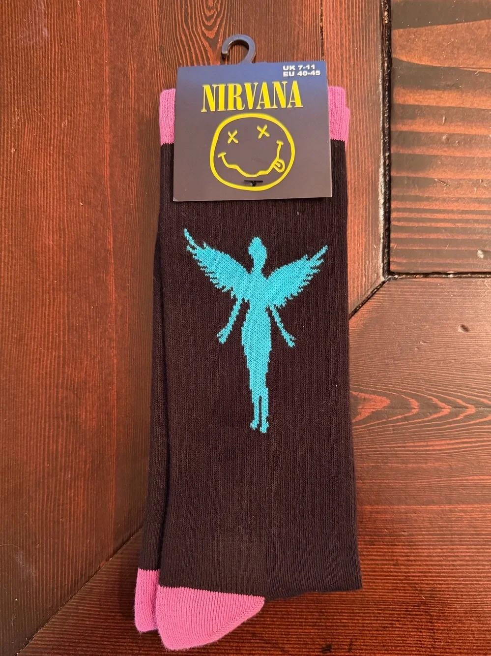 NIRVANA Black Crew Socks with Teal Angel and Pink Accents